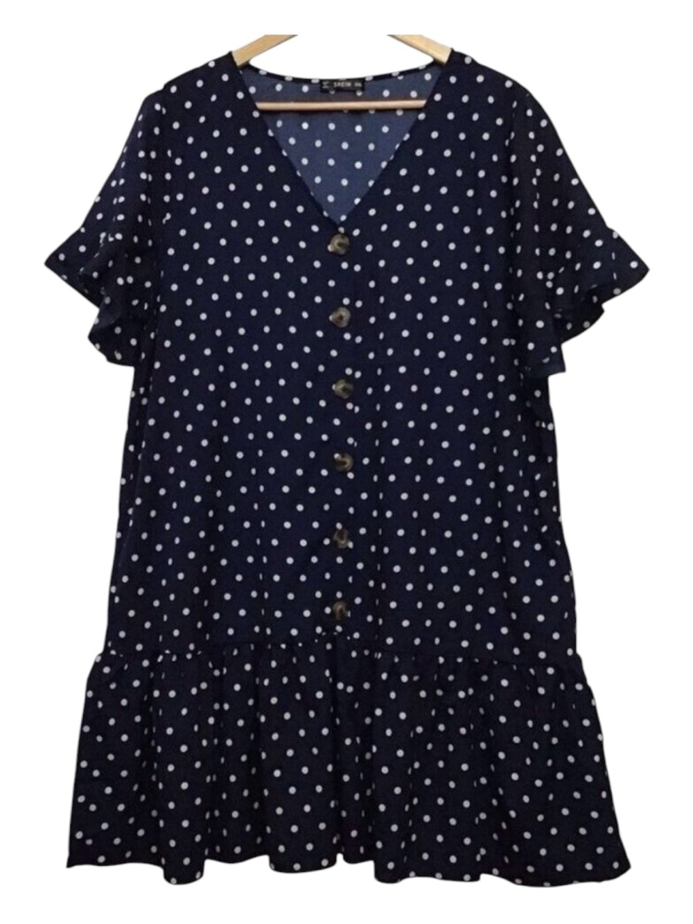 Shein 2XL Polka Dots Dress Navy Blue Plus Size lightweight woven button up v nec